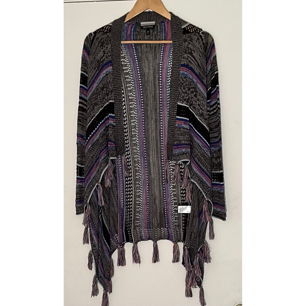 Allison Brittney Cardigan Sweater Boho Hippie Fringe‎ Striped Knit Medium